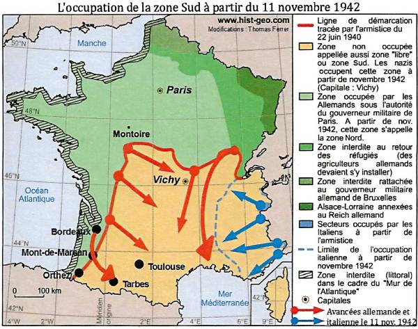 1942 - Carte de France sous l’occupation allemande